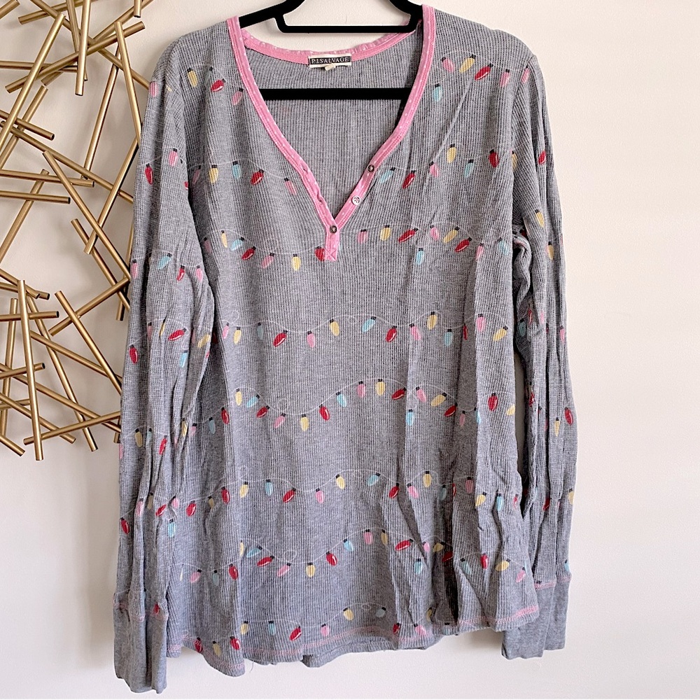 P.J. Salvage Holiday Lights Christmas Lights Waffle Knot Sleep Shirt Tunic - XL